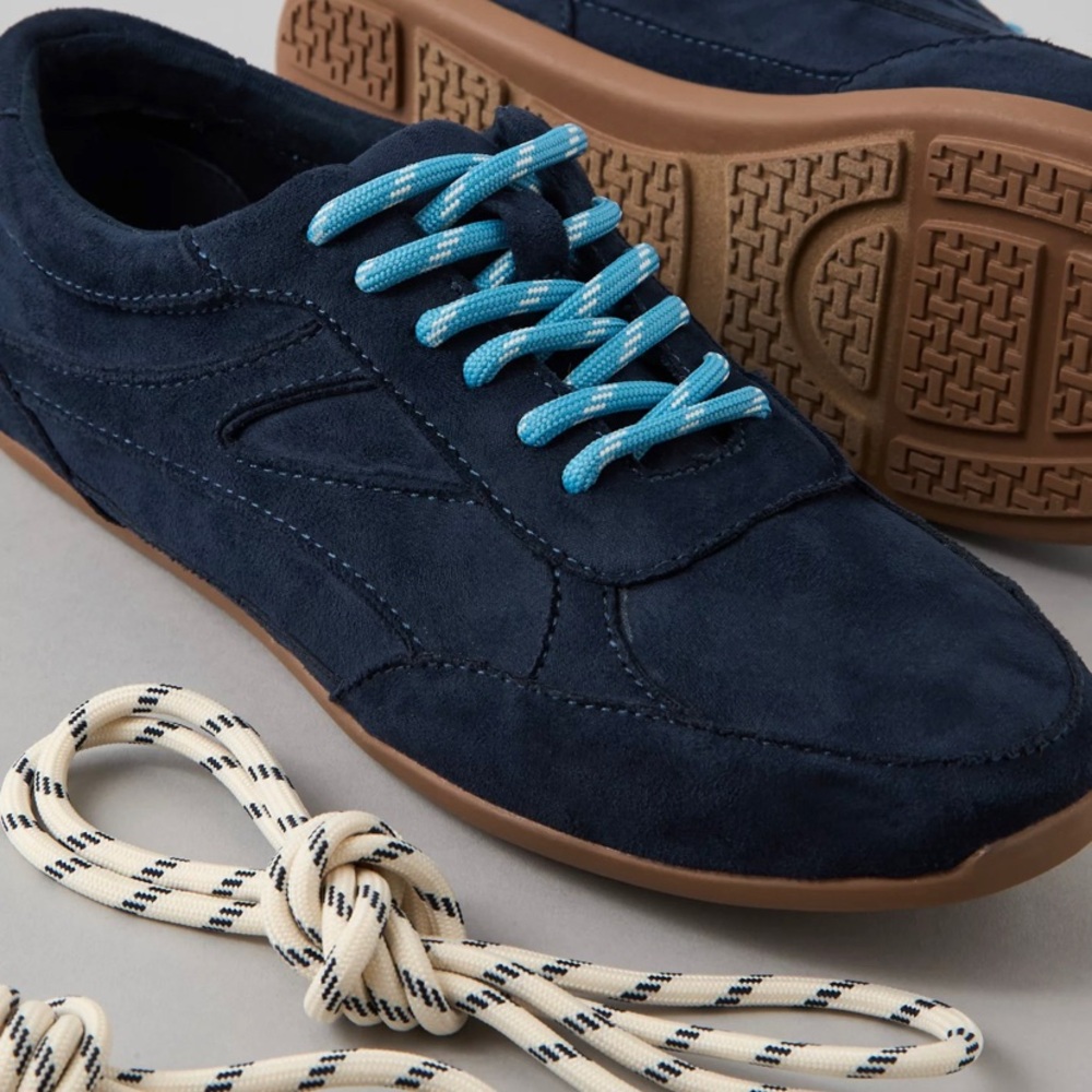 American Eagle Outfitters Navy Suede Sneaker with Aqua Laces - Picture 3 of 8